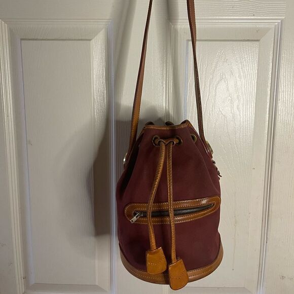 Vintage Dooney&Bourke.Burgundy canvas with brown leather drawstring buck… - Picture 1 of 16